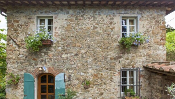 A stone building with a wooden door and windows, surrounded by potted plants.