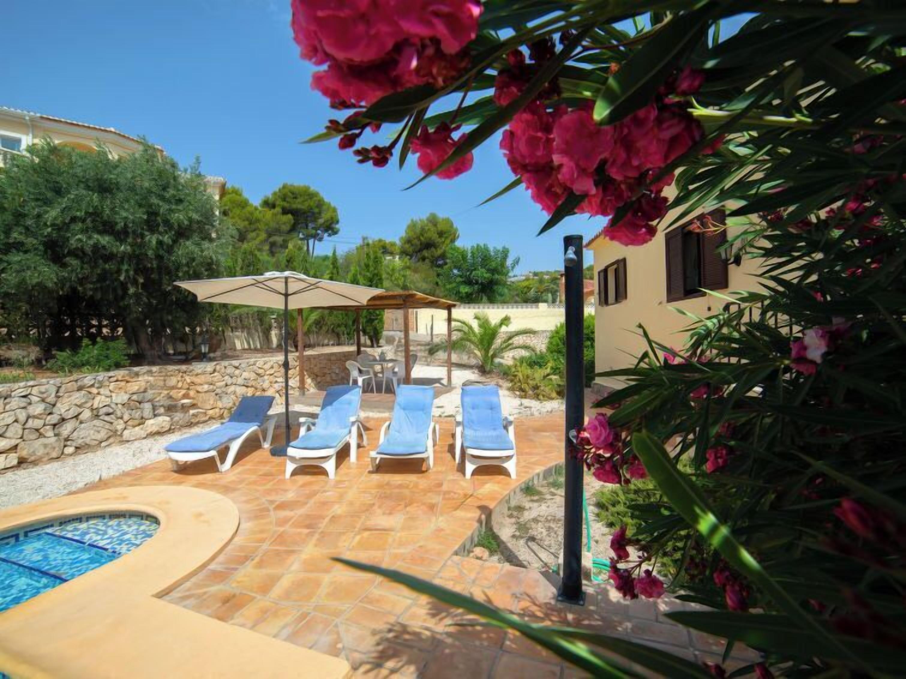 A pool area with lounge chairs and a pergola.