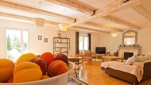 Ein großzügiger Wohnraum mit großem Fenster, Kamin, Fernseher und Obstschale auf einem Tisch.