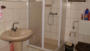 Une salle de bain équipée d’un lavabo, d’une douche, de toilettes et d’un miroir.