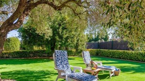 A well-maintained lawn with two lounge chairs and a small table, surrounded by neatly trimmed hedges and a large tree. - Can Magi by Interhome (Pals)