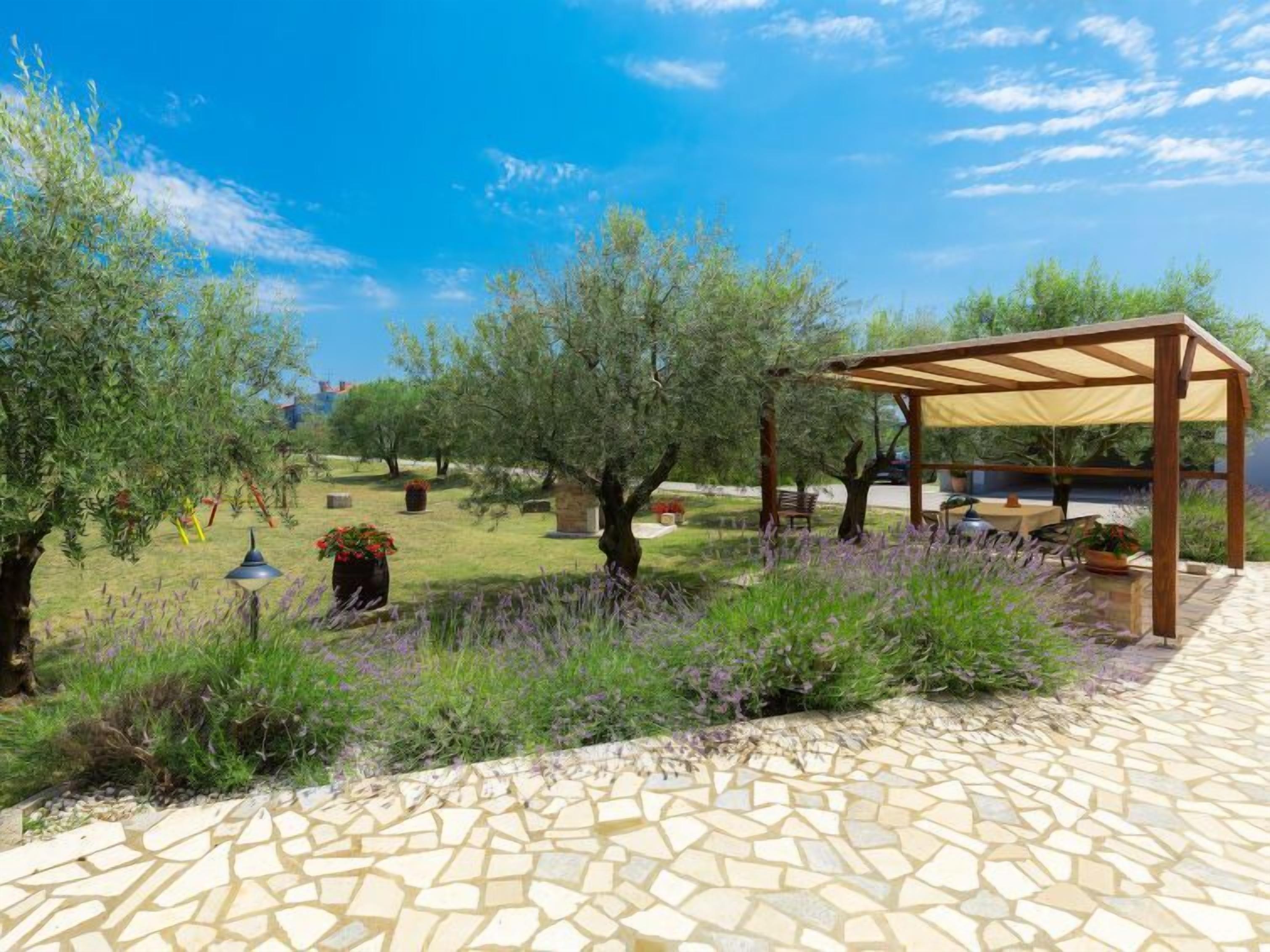 Um jardim com pérgola, caminho de pedra e diversas plantas.