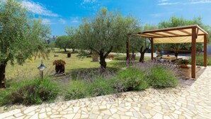 A garden with a pergola, stone pathway, and various plants. - Apartment SaNi by Interhome (Pula)