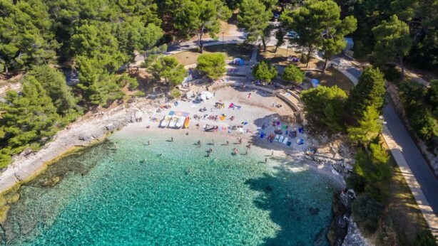 An aerial view of a beach with clear turquoise water, surrounded by dense green trees. - Apartment SaNi by Interhome (Pula)