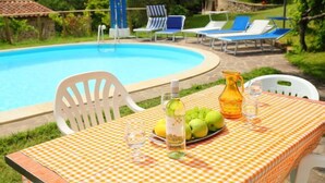 A poolside table with a checkered tablecloth, a bottle of white wine, a pitcher, and a plate of lemons. - Ca' di Bacco by Interhome (Cortona)