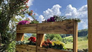 En træpotte med forskellige blomster og planter.