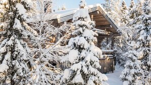 Une cabane en rondins entourée d’arbres couverts de neige.