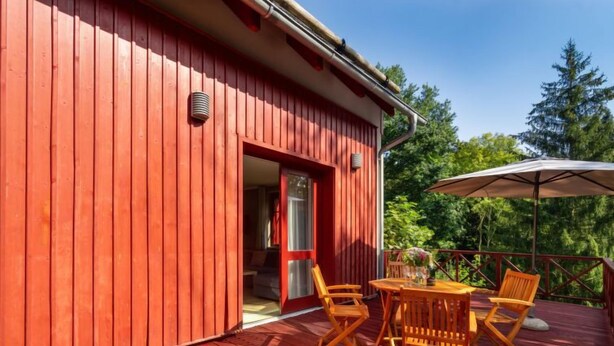 A red wooden deck with a table and chairs, an open door leading to a room, and a view of trees in the background.