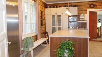 Fridge, microwave, dishwasher, cookware/dishes/utensils