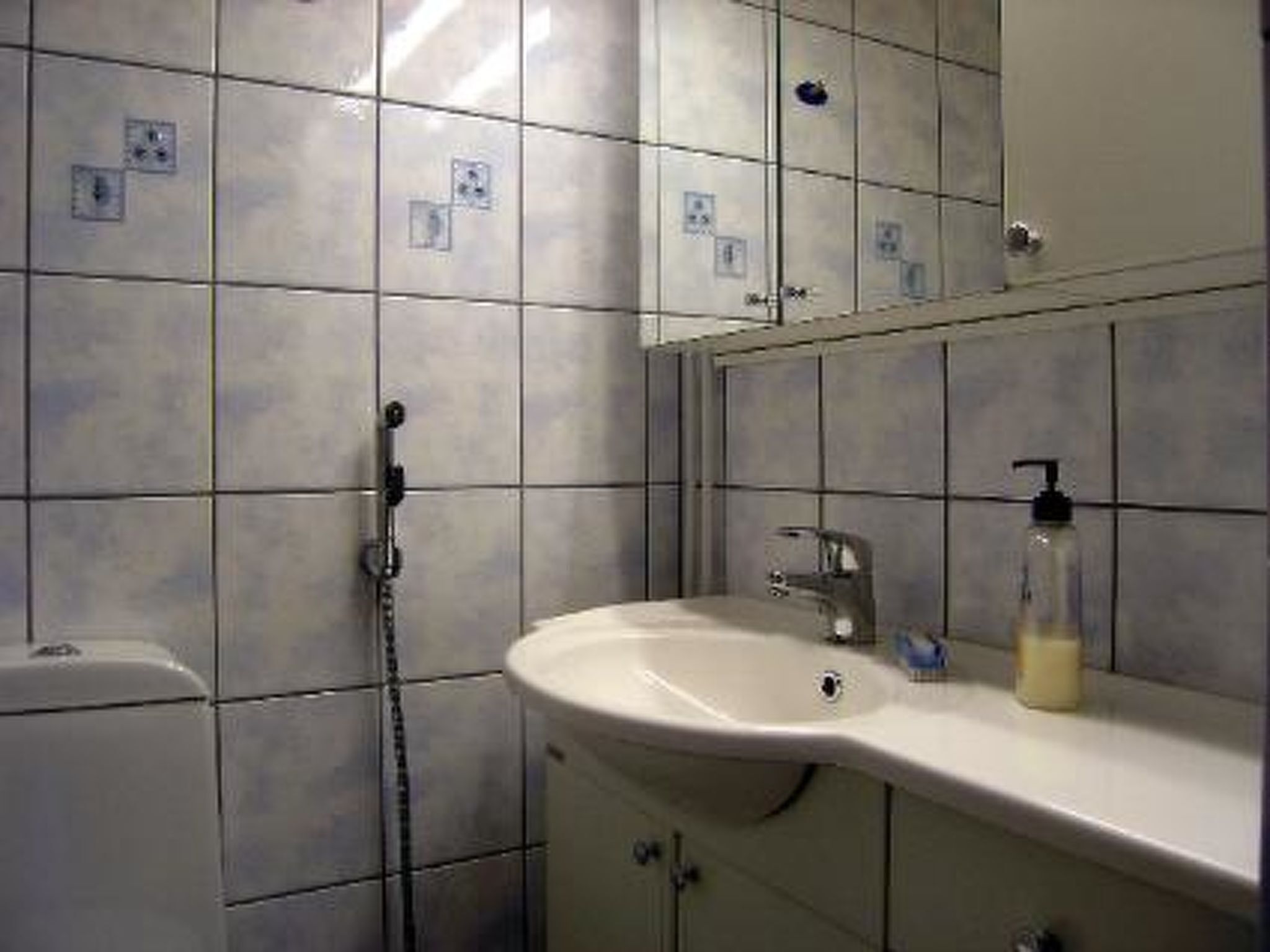 A bathroom with a white sink, a mirror, and a shower.