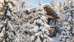 A log cabin surrounded by snow-covered trees. - Rukajoiku 1 by Interhome (Kuusamo)