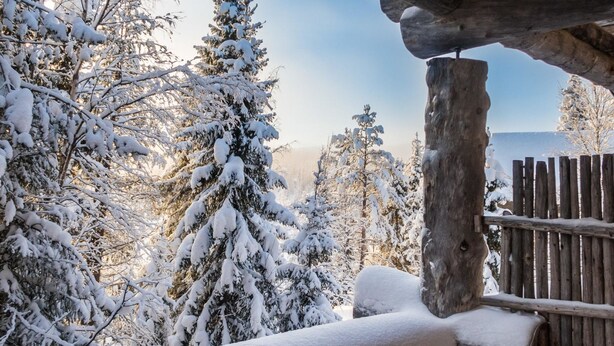 A wooden cabin with a snow-covered deck and a view of snow-laden trees. - Rukajoiku 1 by Interhome (Kuusamo)