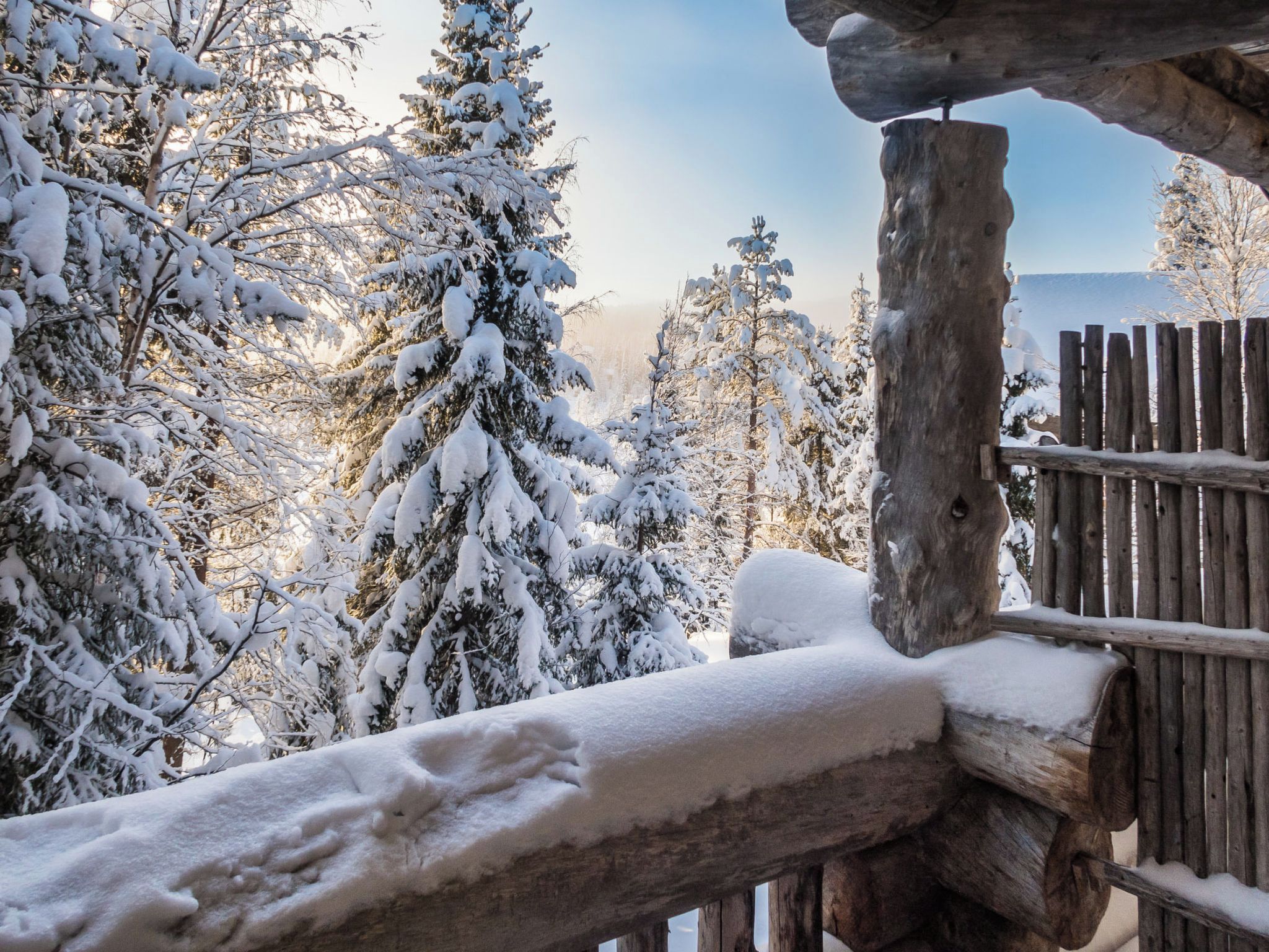 Ein Holzzaun mit Schneebedeckung, umgeben von schneebedeckten Bäumen und einem klaren Himmel.