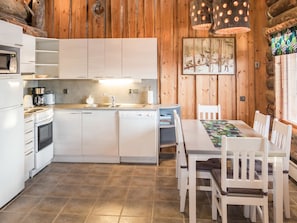 Fridge, microwave, dishwasher, cookware/dishes/utensils