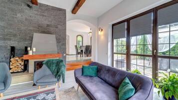 TV, fireplace, DVD player, foosball