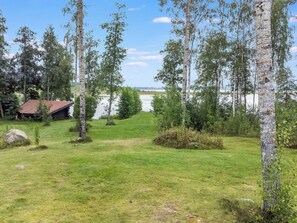 A grassy area with birch trees and a small wooden structure. - Runopuro by Interhome (Rautalampi)