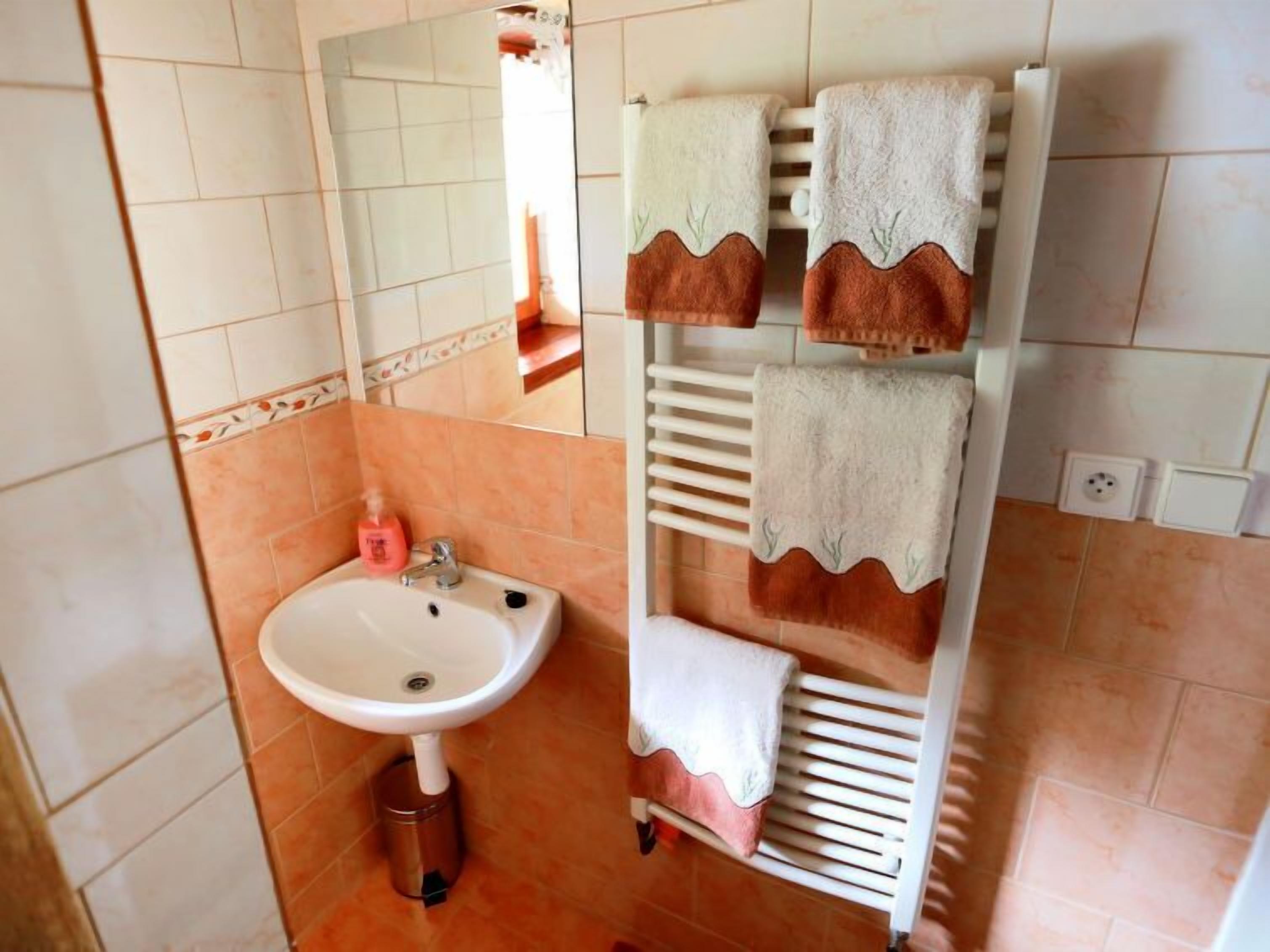 A bathroom with a sink, mirror, towel rack, and a tiled floor.