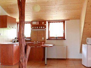 Fridge, microwave, oven, cookware/dishes/utensils