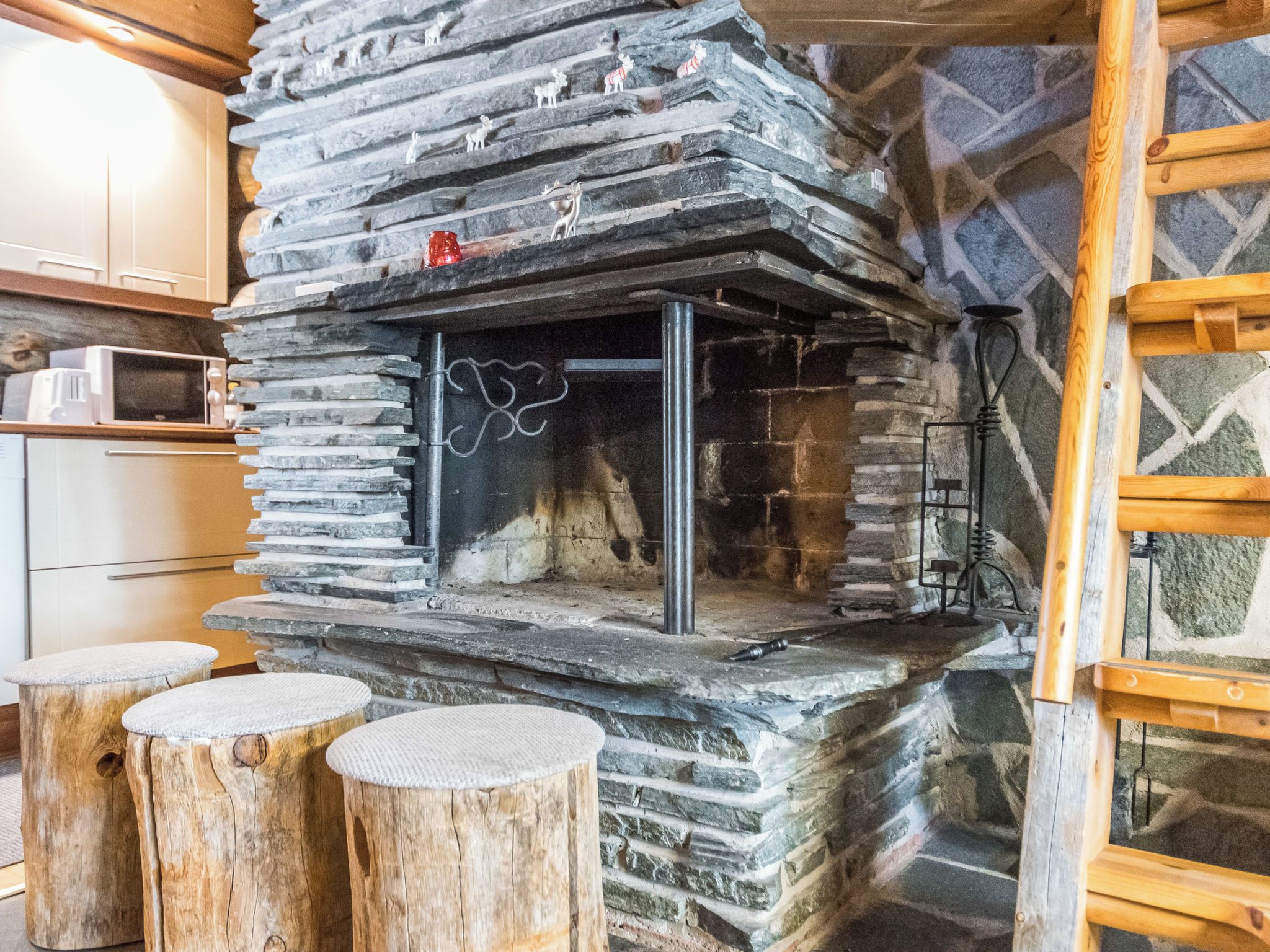 Une cheminée en pierre avec une porte en métal, une échelle en bois et un four à micro-ondes posé sur un comptoir.