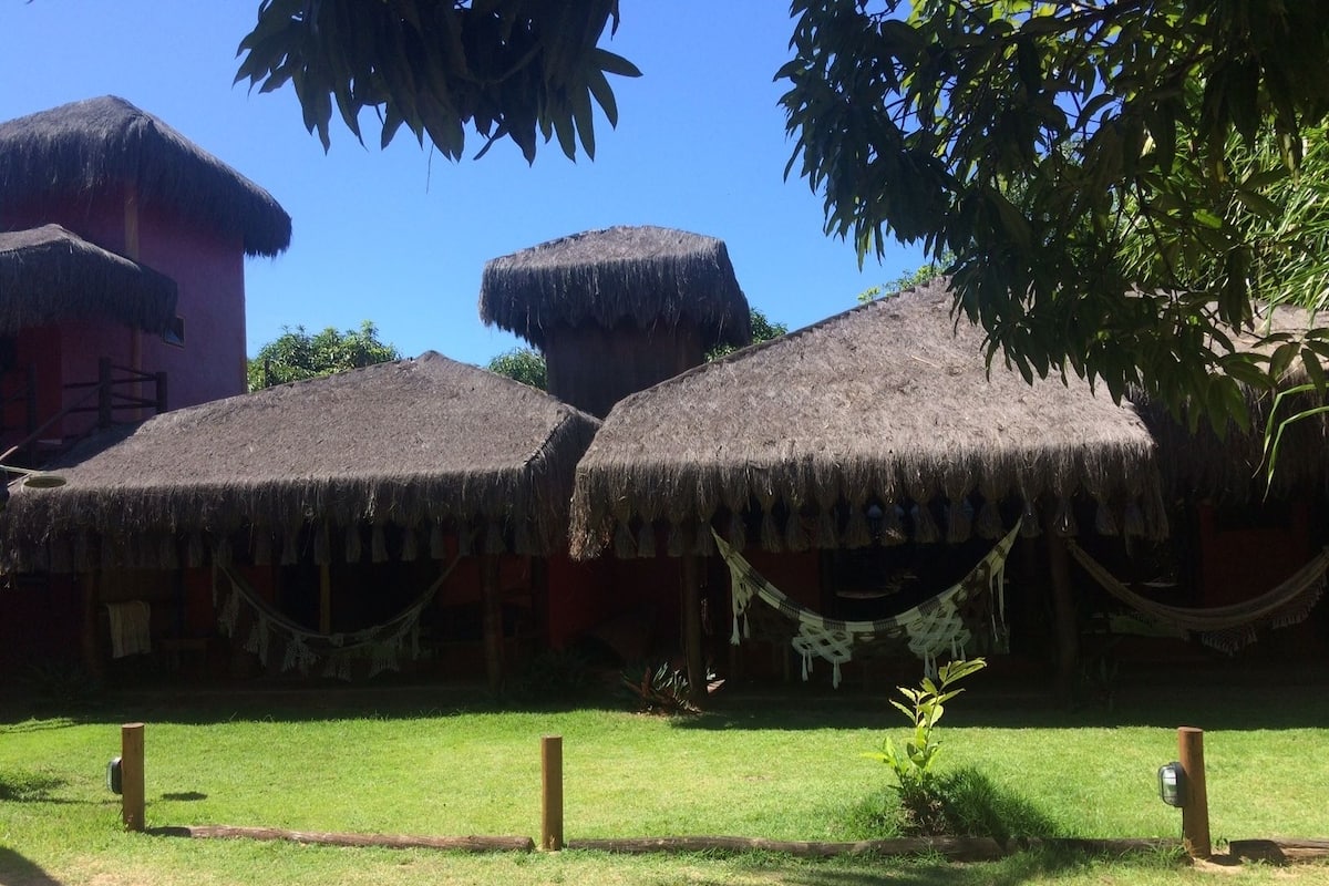 A traditional thatched-roof structure with a hammock and a small plant in the foreground.