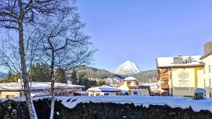 Eine verschneite Stadt mit einem markanten Berg im Hintergrund, ein Hotel namens 'Hotel Alpenpark' mit einem Schild und einer Hecke im Vordergrund.