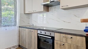 Una cocina equipada con estufa, horno, pileta y armarios.