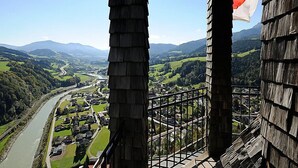 A view from a high vantage point overlooking a river, green hills, and a small town. - Apartment Rosi by Interhome (Werfenweng)