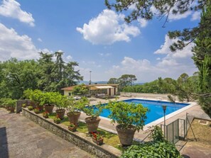 Una piscina con borde de piedra, rodeada de plantas en macetas y árboles.