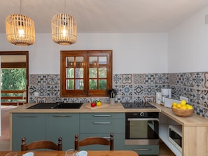 Fridge, microwave, oven, high chair