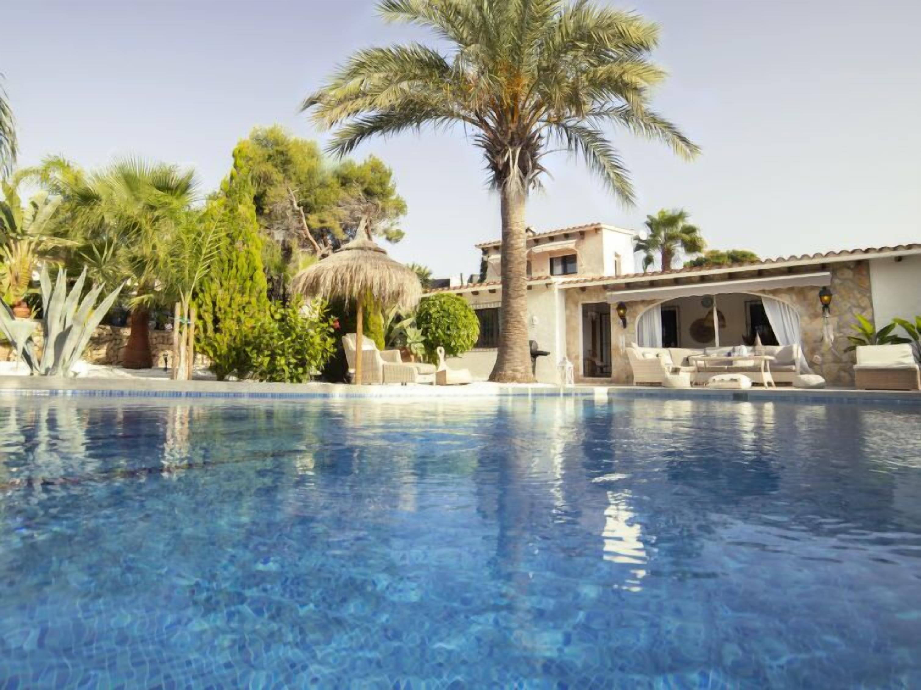 A swimming pool with a clear blue water surface, surrounded by palm trees and a building with outdoor seating.