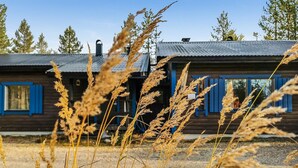 Eine rustikale Holzhütte mit Metalldach und blauen Fensterläden, umgeben von hohem, trockenem Gras.