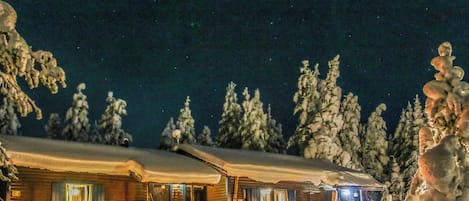 Een chalet met een sneeuwbedekt dak, omringd door sneeuwzware bomen, onder een sterrenhemel.