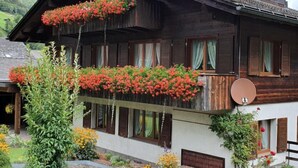A wooden chalet with balconies adorned with red flowers, a satellite dish, and a view of green hills. - Untertal by Interhome (Elm)
