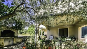 Zona exterior coberta amb una llar de pedra, taula de dinar amb cadires, i una varietat de plantes i flors.
