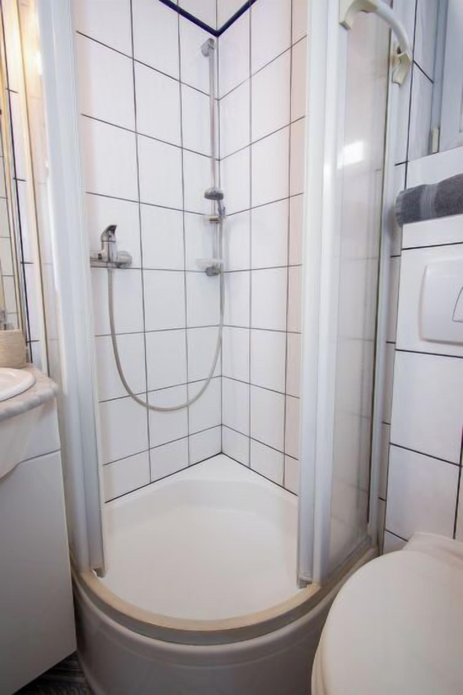 Een douchehoek met een glazen deur, een witte betegelde muur, en een toilet aan de rechterkant.