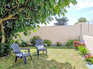 A backyard with two Adirondack chairs, a small tree, and various plants.