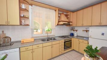 Fridge, oven, dishwasher, cookware/dishes/utensils