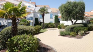 Zona residencial con edificios blancos, un sendero pavimentado y diversas plantas verdes.