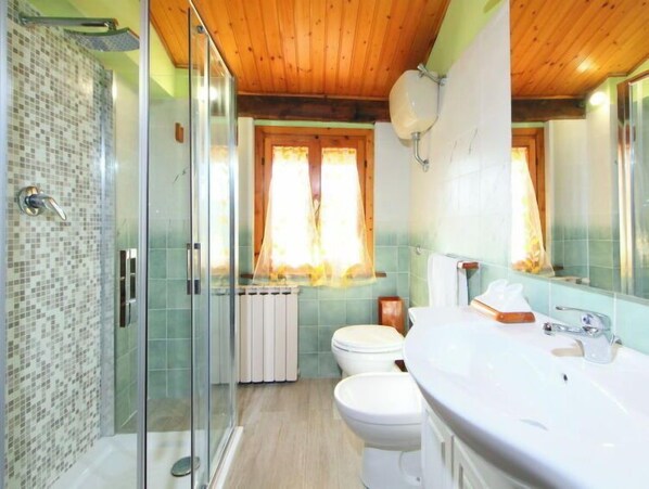 A bathroom with a glass shower enclosure, a white sink, and a toilet.