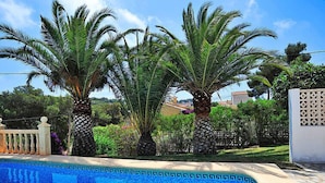 A swimming pool with a decorative edge, surrounded by palm trees and lush greenery. - Vacation home Lucie by Interhome (Jávea)