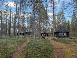 Uma floresta com três cabanas, cada uma com um estilo arquitetônico diferente, rodeadas por árvores altas e um céu claro.