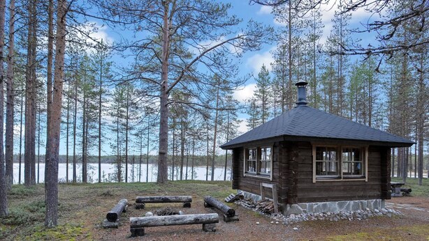 A rustic cabin with a chimney, surrounded by a forest and a lake.