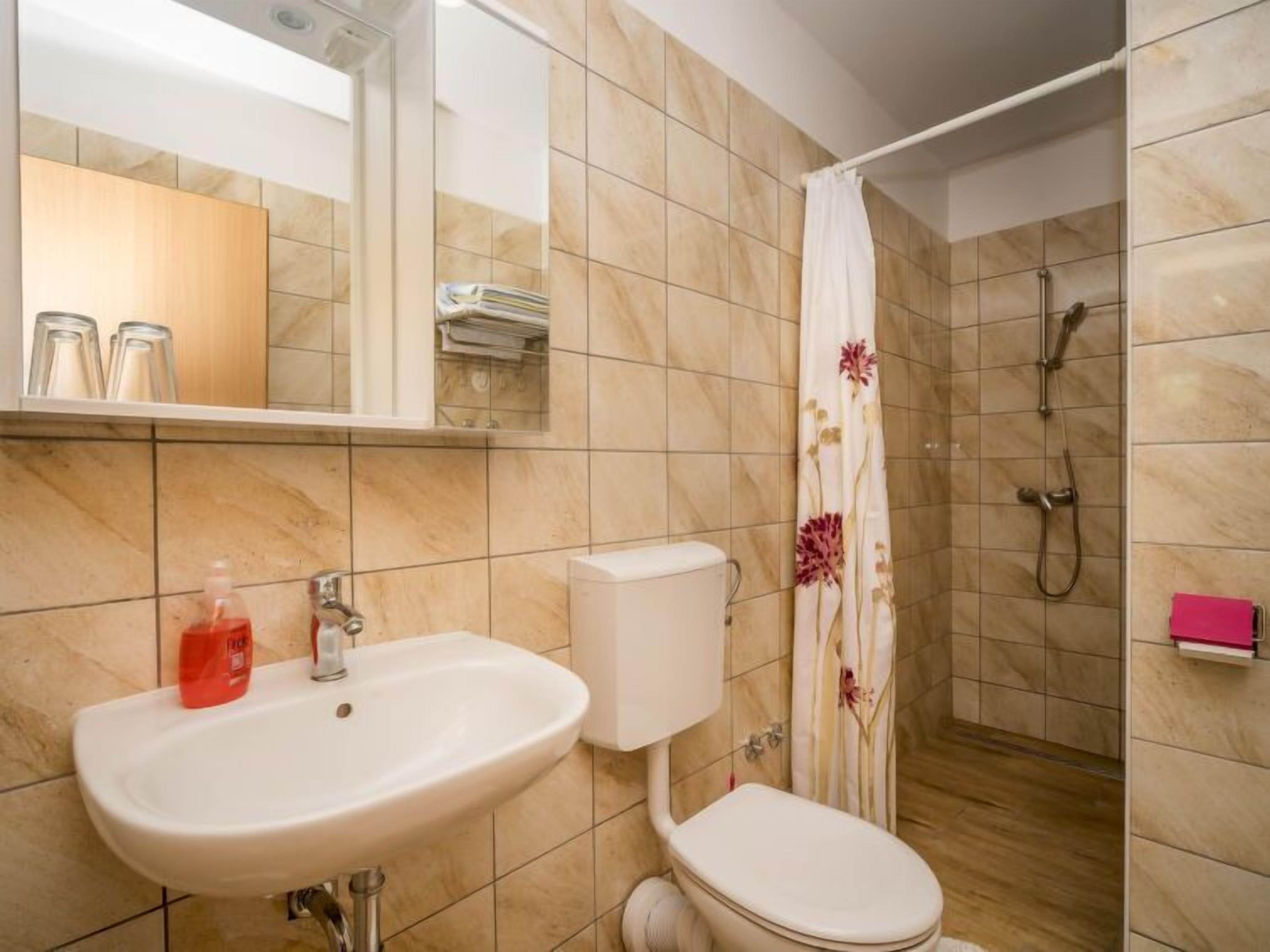Une salle de bain avec un lavabo, des toilettes et une douche.