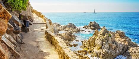 A coastal walkway with a stone wall, rocky terrain, and the sea in the background.