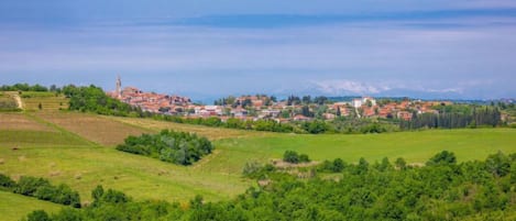 A rural landscape with a village, green fields, and a distant mountain range.