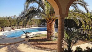 A pool area with a palm tree, potted plants, and a stone patio. - Vacation home Dirk by Interhome (L'Ampolla)