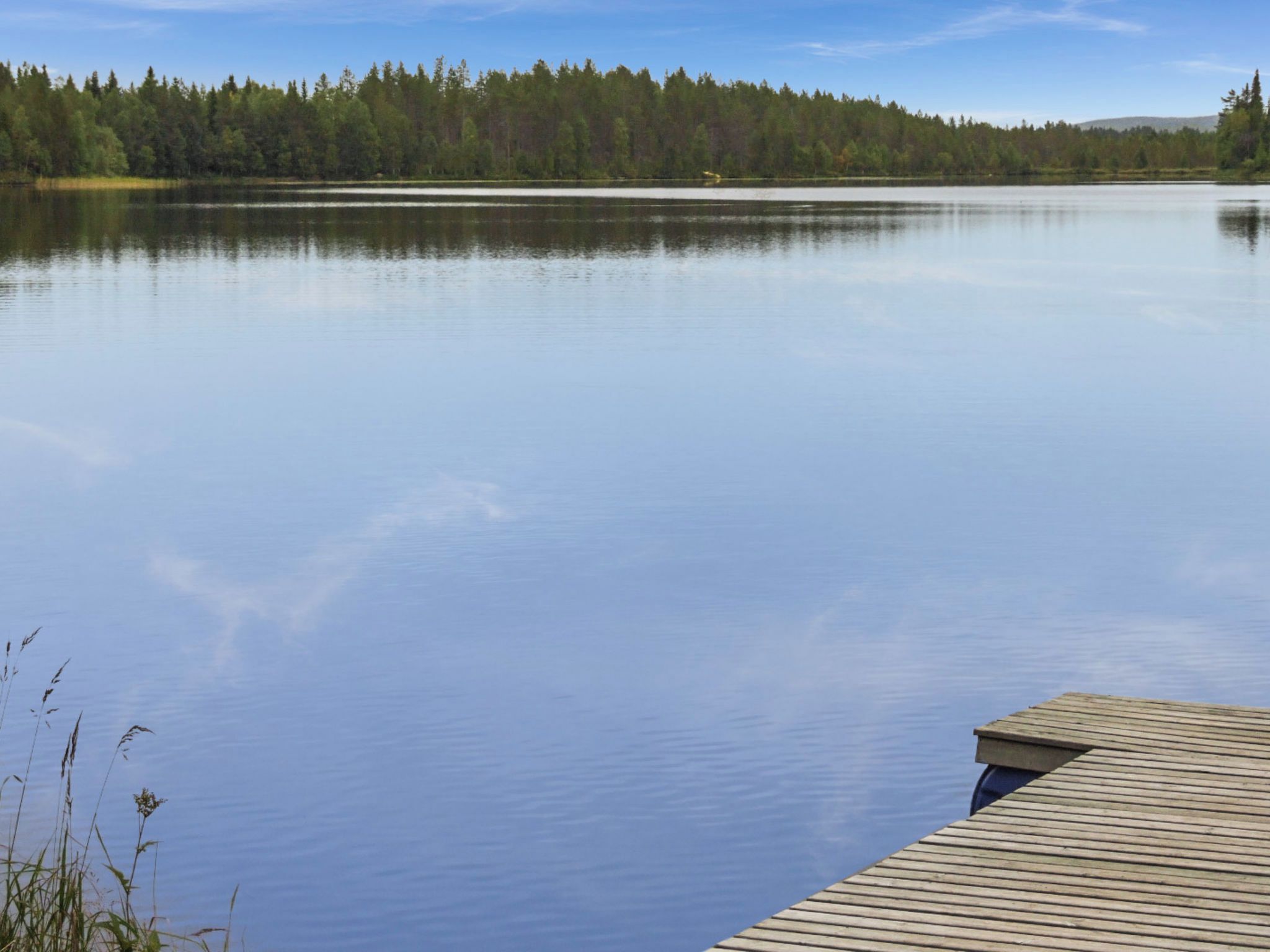 A calm lake with a wooden dock extending into the water.