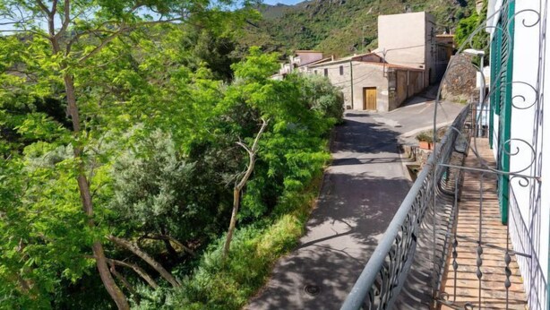 Une rue étroite bordée d’une végétation luxuriante et de bâtiments traditionnels, évoquant un village pittoresque, peut-être chargé d’histoire.