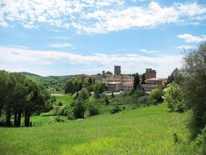 Paesaggio rurale con un complesso di edifici storici circondato da vegetazione rigogliosa e dolci colline.