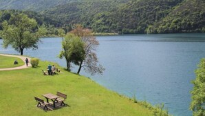 Un parco sul lago con tavoli da picnic e panchine, immerso nel verde e con vista sulle montagne.